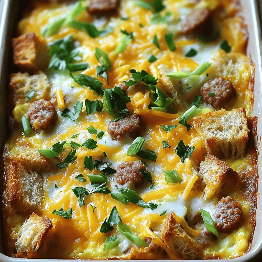 Um einen herzhaften Frühstücksauflauf zu machen, brauchst du einige einfache Zutaten. Du benötigst 300 g Frühstückswurst, die du in kleine Stücke schneidest. Außerdem brauchst du 200 g geriebenen Cheddar-Käse. Vier Eier und 250 ml Milch sind ebenfalls wichtig. Gewürze wie 1/2 TL Paprika, 1/2 TL Knoblauchpulver, 1/2 TL Zwiebelpulver, 1/4 TL Salz und 1/4 TL Pfeffer bringen Geschmack. Für die Basis nimmst du vier Scheiben Toastbrot, die du in Würfel schneidest. Schließlich kommen zwei fein gehackte Frühlingszwiebeln und etwas Petersilie für die Garnitur dazu.