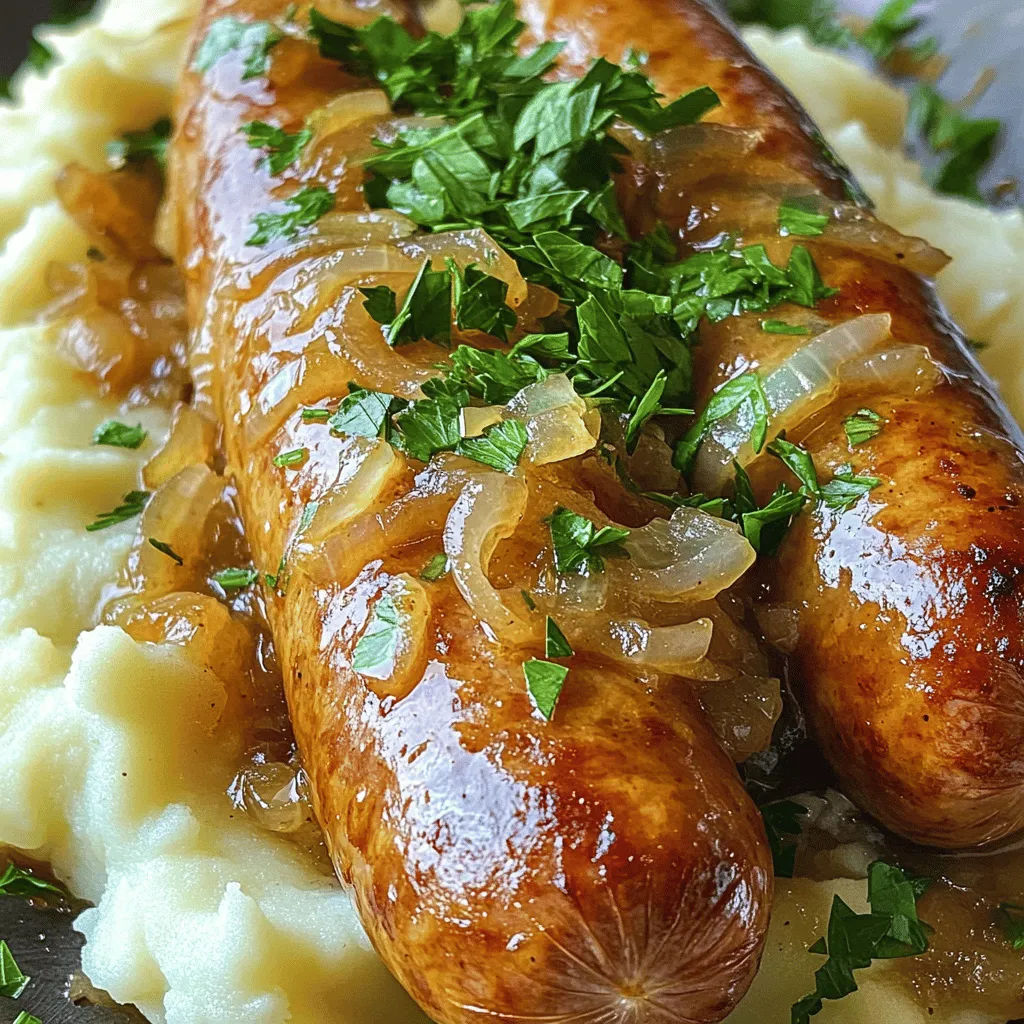 Um ein einfaches Bangers and Mash Rezept zuzubereiten, benötige ich nur einige Zutaten. Für die Würstchen wähle ich 500 g Schweinswürste. Die Kartoffeln sind wichtig, also nehme ich 800 g, geschält und gewürfelt. Milch, Butter, Zwiebel, Knoblauch, Gemüsebrühe, Senf, Salz und Pfeffer kommen auch hinzu. Frische Petersilie sorgt für den letzten Schliff.