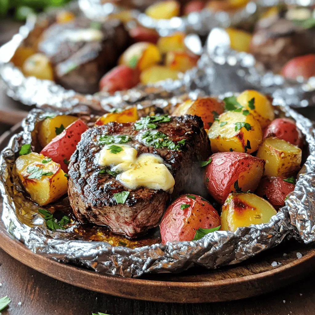 Für dieses leckere Gericht benötigst du folgende Zutaten: - 2 Ribeye-Steaks (oder Sirloin), in mundgerechte Stücke geschnitten - 4 mittelgroße rote Kartoffeln, gewürfelt - 4 Esslöffel ungesalzene Butter, geschmolzen - 6 Knoblauchzehen, fein gehackt Diese Zutaten sind der Schlüssel zu einem herzhaften Geschmack. Das Steak sorgt für eine proteinreiche Basis. Die Kartoffeln geben dir die nötige Sättigung und das Aroma des Knoblauchs bringt alles zusammen. Die richtigen Gewürze machen den Unterschied. Hier sind die, die du brauchst: - 1 Teelöffel getrockneter Rosmarin - 1 Teelöffel getrockneter Thymian - 1 Teelöffel Paprika - Salz und Pfeffer nach Geschmack Die Kräuter verleihen dem Gericht Tiefe und Frische. Paprika gibt eine angenehme Würze, während die Kräuter für das gewisse Etwas sorgen. Um die Foil Pakete zu machen, brauchst du folgende Dinge: - Alufolie (vier große Stücke, ca. 30x30 cm) - Grill oder Ofen Die Alufolie ist wichtig, um die Aromen einzuschließen und das Steak und die Kartoffeln gleichmäßig zu garen. Du kannst sowohl den Grill als auch den Ofen verwenden, je nachdem, was dir besser passt.Heize deinen Grill auf mittelhohe Hitze vor. Wenn du den Ofen nutzt, stelle ihn auf 200 °C (400 °F). So erhitzt du die Geräte gleichmäßig und bereitest sie für die Foil-Pakete vor. Nimm eine große Schüssel und füge die gewürfelten Kartoffeln und Steakstücke hinzu. Dann träufle das Olivenöl über die Mischung. Gieße die geschmolzene Butter hinein und füge den gehackten Knoblauch, Rosmarin, Thymian, Paprika, Salz und Pfeffer hinzu. Vermenge alles gut, bis jedes Stück gleichmäßig bedeckt ist. Schneide vier große Stücke Alufolie, etwa 30x30 cm groß. Teile die Steak- und Kartoffelmischung gleichmäßig auf die Folienstücke auf. Falte die Folie über die Mischung und drücke die Seiten fest, damit kein Dampf entweicht. Das ist wichtig für die Garzeit und den Geschmack. Diese Schritte sorgen dafür, dass deine Garlic Butter Steak und Kartoffel Foil Pakete perfekt garen. Sie sind einfach, lecker und machen das Kochen zu einem Spaß!Die Garzeit ist wichtig für den perfekten Genuss. Für die Foil-Pakete empfehle ich, die Pakete auf dem Grill etwa 20-25 Minuten zu garen. Im Ofen sollten sie 25-30 Minuten bleiben. Überprüfe die Garzeit, indem du ein Paket zur Hälfte drehst. So werden Steak und Kartoffeln gleichmäßig gar. Das Steak sollte schön rosa und saftig sein. Die Kartoffeln sollten weich, aber nicht matschig sein. Eine Gabel sollte leicht hineingleiten. Frische Kräuter bringen mehr Geschmack und Aroma. Petersilie, Thymian und Rosmarin sind tolle Optionen. Du kannst sie am Ende hinzufügen, um den vollen Geschmack zu genießen. Getrocknete Kräuter sind praktisch, wenn frische nicht verfügbar sind. Sie sind auch intensiver im Geschmack, also weniger ist mehr. Beide Varianten sind lecker, also wähle, was du magst oder was du zur Hand hast. Ein häufiger Fehler ist, die Pakete nicht gut zu verschließen. Wenn Dampf entweicht, garen die Zutaten nicht richtig. Achte darauf, die Folie gut zu falten und alle Seiten zu schließen. Ein weiterer Fehler ist, die Garzeit nicht zu beachten. Überprüfe die Pakete rechtzeitig, um zu verhindern, dass das Steak zu trocken wird. Schließlich, lass die Pakete kurz ruhen, bevor du sie öffnest. Der heiße Dampf kann unangenehm sein. {{image_4}} Du kannst die Steakstücke durch Hähnchenbrust oder Schweinefleisch ersetzen. Diese Optionen sind leicht und lecker. Hähnchenbrust wird zart, wenn sie mit der Knoblauchbutter mariniert wird. Schweinefleisch bringt eine süße Note. Achte darauf, die Garzeit anzupassen, da Hähnchen und Schwein schneller garen als Rindfleisch. Für eine vegetarische Variante nimm einfach Gemüse statt Fleisch. Du kannst Paprika, Zucchini, Champignons und Karotten verwenden. Diese Gemüsesorten nehmen die Aromen der Butter und Gewürze gut auf. Mische sie mit der gleichen Knoblauchbutter. Die Garzeit bleibt ähnlich. So hast du ein köstliches, gesundes Gericht. Probiere verschiedene Gewürze, um den Geschmack zu ändern. Füge Chili für Schärfe hinzu oder verwende italienische Kräuter wie Oregano und Basilikum. Diese Kombinationen passen gut zu den Zutaten. Auch asiatische Gewürze wie Ingwer und Sojasauce geben einen neuen Twist. Experimentiere mit deinen Favoriten und finde deinen perfekten Geschmack!achte darauf dass der gut geschlossen ist. so bleiben geschmack frische erhalten. aufzuw den grill oder ofen nutzen. wenn verwendest heize ihn auf mittlere hitze vor. pakete erw f etwa minuten. stellst temperatur ein wird das zart kartoffeln weich. haltbarkeit betr bis tage. l aufbewahren m einfrieren. einem gefrierfach halten sich monate. beschriften damit immer wei was hast. sollten minuten dem bleiben. genaue zeit kann variieren. wenden zur h garzeit. dies sorgt eine gleichm garung. sollte nach wunsch gegart sein leicht mit einer gabel durchstechen. ja voraus zubereiten. bereiten mischung aus diese folie aber schlie nicht sofort. verwendung. bereit sind grillen wie gewohnt. es gibt gesunde alternativen butter. oliven verwenden w avocado ist gute wahl. beide bieten fette tollen geschmack. versuchen menge an reduzieren kalorien sparen ohne verlieren. diesem artikel haben wir hauptzutaten besprochen. zubereitung n tipps variationen erkundet. verschiedenen fleischsorten sogar gem experimentieren. denke daran man aufw diesen informationen gericht zaubern zum leben erwecken. probiere genie leckeren ergebnisse data-pin-media=