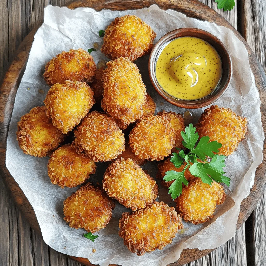 Für die besten Hühnchen-Nuggets brauchen wir frische und einfache Zutaten. Hier sind die Hauptbestandteile: - 450 g Hähnchenbrust, in mundgerechte Stücke geschnitten - 1 Tasse Weizenmehl - 2 große Eier - 1 Tasse Paniermehl (vorzugsweise Panko für extra Knusprigkeit) Diese Zutaten sind leicht zu finden und machen die Nuggets saftig und lecker. Die Gewürze bringen den Geschmack. Hier sind die wichtigen Gewürze: - 1 Teelöffel Knoblauchpulver - 1 Teelöffel Zwiebelpulver - 1 Teelöffel geräuchertes Paprikapulver - ½ Teelöffel Salz - ½ Teelöffel schwarzer Pfeffer - ½ Teelöffel Cayennepfeffer (optional, für Schärfe) Diese Gewürze geben den Nuggets den perfekten Kick. Die Panade aus Mehl, Eiern und Paniermehl sorgt für die knusprige Textur. Für das Frittieren der Nuggets wähle ein geeignetes Öl. Hier sind meine Empfehlungen: - Pflanzenöl (z.B. Sonnenblumenöl oder Erdnussöl) Diese Öle haben einen hohen Rauchpunkt und sind ideal für das Frittieren. Sie sorgen dafür, dass die Nuggets schön knusprig werden. Wenn Sie diese Zutaten verwenden, sind Ihre Nuggets einfach unwiderstehlich!Zuerst bereiten wir die Hähnchenstücke vor. Schneide 450 g Hähnchenbrust in kleine Stücke. Achte darauf, dass sie gleich groß sind, damit sie gleichmäßig garen. Platziere die Stücke in einer Schüssel. So haben sie Platz, um gut gewürzt zu werden. Jetzt kommt der spaßige Teil: die Panade! In einer Schüssel vermenge 1 Tasse Weizenmehl mit Gewürzen. Füge 1 Teelöffel Knoblauchpulver, 1 Teelöffel Zwiebelpulver, 1 Teelöffel geräuchertes Paprikapulver, ½ Teelöffel Salz, ½ Teelöffel schwarzen Pfeffer und optional ½ Teelöffel Cayennepfeffer hinzu. In einer zweiten Schüssel schlage 2 große Eier auf und verrühre sie gut. Gib 1 Tasse Paniermehl in ein flaches Geschirr. Nehme ein Stück Hähnchen, tauche es zuerst in die Mehlmischung, dann in die Eier und schließlich in das Paniermehl. Achte darauf, dass jedes Stück gut bedeckt ist. Nun ist es Zeit zu frittieren! Erhitze 2,5 cm Pflanzenöl in einer großen Pfanne auf mittlerer bis hoher Hitze. Das Öl sollte 175 °C erreichen. Wenn das Öl heiß ist, lege die panierten Nuggets vorsichtig hinein. Überfülle die Pfanne nicht. Frittiere jede Seite für etwa 4-5 Minuten, bis sie goldbraun sind. Verwende einen Schaumlöffel, um die Nuggets herauszunehmen. Lege sie auf einen Teller mit Küchenpapier, damit das überschüssige Öl abtropfen kann. Diese knusprigen Hühnchen-Nuggets sind nun bereit zum Genießen!Um die perfekte Knusprigkeit zu erreichen, beachten Sie diese Schritte: - Nutzen Sie Panko-Paniermehl, das ist grober und luftiger. - Frittieren Sie in heißem Öl. Die ideale Temperatur liegt bei 175 °C. - Lassen Sie die Nuggets nicht lange im Öl. So bleiben sie knusprig. Fettige Nuggets sind oft das Ergebnis von zu niedrigem Öl oder Überfüllung der Pfanne. Hier sind einige Tipps: - Frittieren Sie nur eine kleine Menge auf einmal. - Lassen Sie das überschüssige Öl gut abtropfen, bevor Sie sie servieren. - Verwenden Sie Küchenpapier, um das Fett zu entfernen. Wenn Sie nach Alternativen zu Frittieröl suchen, probieren Sie: - Kokosöl: Es hat einen hohen Rauchpunkt und einen milden Geschmack. - Avocadoöl: Dieses Öl ist gesund und sehr hitzebeständig. - Luftfritteuse: Eine großartige Möglichkeit, die Nuggets knusprig zu machen, ohne Öl zuzusetzen. Mit diesen Tipps wird Ihr Gericht perfekt.{{image_4}} Wenn du es würziger magst, füge mehr Cayennepfeffer hinzu. Du kannst auch Chili-Pulver oder Paprikaflocken verwenden. Diese Zutaten bringen mehr Geschmack und Schärfe. Experimentiere mit verschiedenen Gewürzen. Ein Hauch von Curry oder Knoblauch kann ebenfalls lecker sein. Probiere es aus und finde deine perfekte Mischung. Für eine glutenfreie Variante nimm einfach glutenfreies Mehl und Paniermehl. Reismehl oder Mandelmehl sind gute Optionen. Achte darauf, dass alle anderen Zutaten glutenfrei sind. So kannst du die Nuggets ohne Sorgen genießen. Sie werden immer noch knusprig und lecker sein. Du kannst auch eine vegane Version machen. Nutze pflanzliche Hähnchenalternativen oder Tofu. Ersetze die Eier mit einer Mischung aus Wasser und Leinsamenmehl. Das sorgt für die Bindung. Verwende zusätzlich pflanzliches Paniermehl. Diese Nuggets sind nicht nur für Veganer gut, sondern auch für alle, die etwas Neues ausprobieren möchten. Die Textur bleibt schön knusprig und der Geschmack ist fantastisch.Um Ihre übrig gebliebenen Nuggets frisch zu halten, legen Sie sie in einen luftdichten Behälter. Die Nuggets sollten auf jeden Fall vollständig abgekühlt sein, bevor Sie sie lagern. So verhindern Sie, dass sie matschig werden. Sie können auch Backpapier zwischen die Nuggets legen, um die Knusprigkeit zu bewahren. Die beste Methode, um die Nuggets aufzuwärmen, ist das Frittieren. Erhitzen Sie etwas Öl in einer Pfanne und fügen Sie die Nuggets hinzu. Frittieren Sie sie kurz, bis sie wieder heiß und knusprig sind. Alternativ können Sie die Nuggets auch im Ofen auf 180 °C aufwärmen. Legen Sie sie auf ein Backblech und backen Sie sie für etwa 10 Minuten. Im Kühlschrank halten sich die Nuggets etwa 3-4 Tage. Wenn Sie sie länger aufbewahren möchten, können Sie die Nuggets im Gefrierschrank lagern. Dort bleiben sie bis zu 2 Monate frisch. Wickeln Sie sie gut in Frischhaltefolie ein und legen Sie sie in einen gefrierfesten Beutel. So bleiben sie lecker und knusprig, wenn Sie sie später genießen. Die Zubereitung von knusprigen Hühnchen-Nuggets dauert etwa 30 Minuten. Du benötigst etwa 15 Minuten für die Vorbereitung und 15 Minuten für das Frittieren. Diese Zeit reicht aus, um die Nuggets goldbraun und knusprig zu machen. Du kannst die Nuggets sofort servieren, wenn sie frisch frittiert sind. Der beste Dipp für Hühnchen-Nuggets ist Honig-Senf oder Barbecuesauce. Beide Saucen ergänzen den Geschmack der Nuggets perfekt. Du kannst auch Ketchup oder eine scharfe Sauce probieren, wenn du es würziger magst. Die Wahl des Dips hängt von deinem persönlichen Geschmack ab. Ja, du kannst die Nuggets auch im Ofen zubereiten. Stelle den Ofen auf 200 Grad Celsius vor. Lege die panierten Nuggets auf ein Backblech mit Backpapier. Backe sie etwa 20 bis 25 Minuten lang, bis sie goldbraun sind. Drehe sie nach der Hälfte der Zeit um, um eine gleichmäßige Bräunung zu erreichen. Auch wenn sie nicht ganz so knusprig werden wie beim Frittieren, sind sie immer noch sehr lecker. Du hast jetzt die Zutaten, Anleitungen und Tipps für perfekte Hühnchen-Nuggets. Denke daran, knusprige Nuggets sind einfach zu machen, wenn du die richtigen Schritte befolgst. Experimentiere mit Gewürzen und Frittierölen für deinen eigenen Geschmack. Lagerung und Aufwärmen sind wichtig, damit die Nuggets frisch bleiben. Probiere verschiedene Varianten aus, auch für spezielle Diäten. Mit diesen Informationen kannst du tolle Nuggets zubereiten, die jeder lieben wird. Viel Spaß beim Kochen und Genießen!
