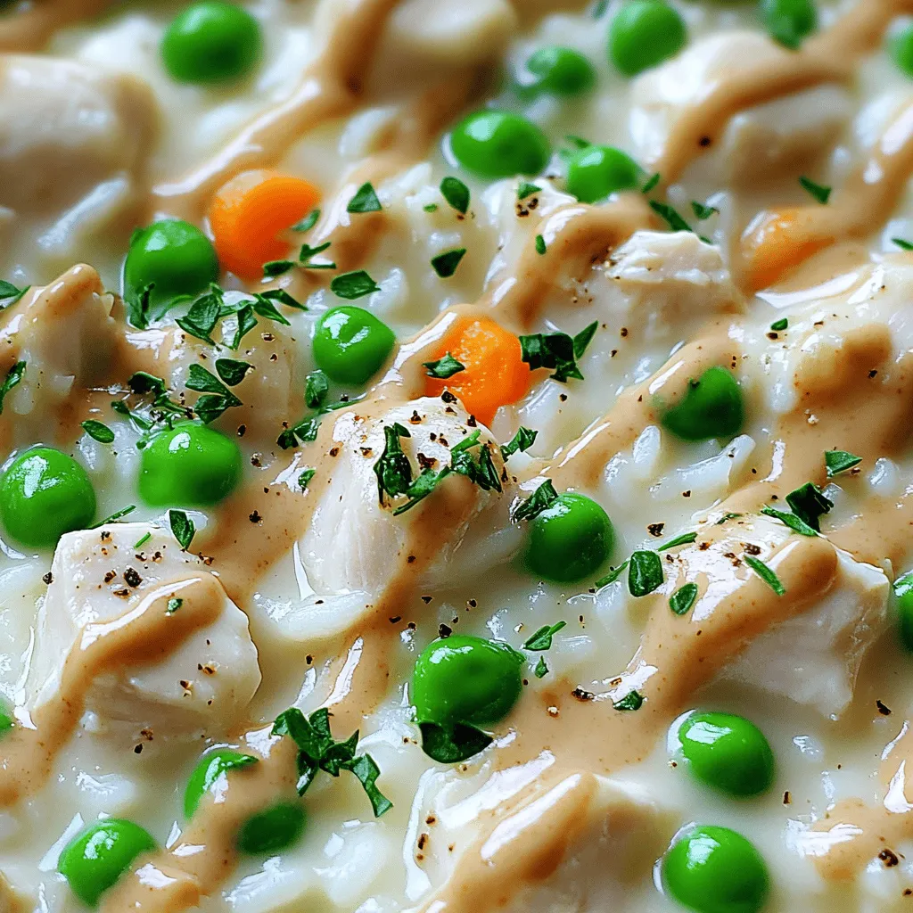 - 2 Hähnchenbrustfilets, gewürfelt - 1 Tasse weißer Reis - 4 Tassen Hühnerbrühe - 1 Tasse Sahne - 1 Esslöffel Olivenöl - 1 Zwiebel, fein gehackt - 2 Knoblauchzehen, zerdrückt - 1 Tasse gefrorene Erbsen und Karotten - 1 Teelöffel getrockneter Thymian - 1 Teelöffel Paprika - Salz und Pfeffer nach Geschmack - Frische Petersilie, gehackt (zum Garnieren) Wenn du Hähnchenbrustfilets auswählst, achte darauf, dass sie frisch sind. Sie sollten eine rosa Farbe haben und keine dunklen Stellen aufweisen. Zarte Filets sorgen für ein besseres Gericht. Die empfohlenen Gewürze sind Thymian und Paprika. Thymian bringt einen feinen Geschmack. Paprika sorgt für eine angenehme Farbe. Wenn du es würziger magst, kannst du auch Chili oder Kreuzkümmel hinzufügen. Für einen frischen Geschmack probiere frische Kräuter wie Basilikum oder Oregano. Für dieses Rezept benötigst du eine große Pfanne und einen Holzlöffel. Eine gute Antihaftpfanne hilft, das Hähnchen gleichmäßig zu braten. Ein Deckel ist nützlich, um den Reis richtig zu garen. Ein scharfes Messer erleichtert das Schneiden des Hähnchens und des Gemüses.Zuerst müssen wir das Hähnchen und das Gemüse vorbereiten. Nimm die Hähnchenbrustfilets und würfle sie in gleich große Stücke. Das sorgt für eine gleichmäßige Garzeit. Für das Gemüse hacke die Zwiebel fein. Zerdrücke die Knoblauchzehen, bis sie weich sind. Erbsen und Karotten können direkt aus der Packung verwendet werden. Ein guter Tipp für die Mise en Place ist, alles vorher bereit zu stellen. Lege alle Zutaten in kleine Schüsseln. So sparst du Zeit beim Kochen. Für das Braten des Hähnchens erhitze das Olivenöl in einer großen Pfanne. Achte darauf, dass die Pfanne heiß genug ist. Füge die gewürfelten Hähnchenbrustfilets hinzu. Würze das Hähnchen mit Salz, Pfeffer, Thymian und Paprika. Brate das Hähnchen für etwa 5-7 Minuten. Es sollte goldbraun sein. Wende die Stücke oft, damit sie gleichmäßig bräunen. Wenn das Hähnchen fertig ist, nimm es aus der Pfanne und stelle es beiseite. Um den Reis zu kochen, gib ihn in die Pfanne mit der Zwiebel und dem Knoblauch. Rühre den Reis 2 Minuten lang um. So wird er gut mit dem Öl und dem Gemüse bedeckt. Gieße die Hühnerbrühe in die Pfanne und bringe alles zum Kochen. Reduziere dann die Hitze auf niedrig und decke die Pfanne ab. Lasse den Reis 15 Minuten köcheln, bis er weich ist. Wenn der Reis gar ist, rühre die Sahne sowie die gefrorenen Erbsen und Karotten unter. Gib das vorgegarte Hähnchen zurück in die Pfanne. Mische alles gut und lasse es weitere 5 Minuten köcheln. Probiere das Gericht und passe die Gewürze nach deinem Geschmack an. Vor dem Servieren mit frischer Petersilie garnieren.Beim Kochen kann viel schiefgehen. Ein häufiger Fehler ist, das Hähnchen zu lange zu braten. Es sollte goldbraun, aber nicht trocken sein. Achte auf die Hitze. Zu hohe Hitze kann das Hähnchen außen bräunen, während es innen roh bleibt. Die Sauce kann auch zu dick oder zu dünn werden. Wenn sie zu dick ist, füge etwas Hühnerbrühe hinzu. Ist sie zu dünn, koche sie einfach länger, damit sie eindickt. Wenn du eine samtige Konsistenz möchtest, rühre die Sahne erst am Ende ein. Um den Geschmack zu verfeinern, kannst du frische Kräuter wie Basilikum oder Petersilie hinzufügen. Diese Kräuter bringen Frische und Tiefe. Ein Spritzer Zitrone am Ende hebt die Aromen. Wenn du mehr Cremigkeit möchtest, füge etwas mehr Sahne hinzu. Alternativ kannst du auch Brühe verwenden, um den Geschmack zu intensivieren. Das macht das Gericht noch leckerer. Cremiges Hähnchen und Reis passt gut zu gedünstetem Gemüse. Brokkoli oder grüne Bohnen sind tolle Beilagen. Sie bringen Farbe und Nährstoffe auf den Teller. Für eine ansprechende Anrichtung platziere das Hähnchen in der Mitte des Tellers. Löffle die Sauce großzügig darüber. Garniere mit frischer Petersilie. So sieht das Gericht nicht nur gut aus, sondern schmeckt auch fantastisch.{{image_4}} Für cremiges Hähnchen und Reis kann man saisonales Gemüse verwenden. Im Frühling sind Spargel und Erbsen toll. Im Herbst passen Kürbis und Spinat gut dazu. Diese Gemüse geben dem Gericht Farbe und Geschmack. Wenn du eine vegetarische Variante willst, nehme Kichererbsen oder Tofu. Beide sind nahrhaft und nehmen die Gewürze gut auf. So bleibt das Gericht lecker und gesund. Es gibt viele Reissorten, die du für dieses Gericht nutzen kannst. Weißer Reis ist einfach und schnell zu kochen. Er hat eine zarte Textur und nimmt Aromen gut auf. Brauner Reis hat mehr Ballaststoffe. Er braucht aber länger zum Kochen. Du kannst auch Wildreis verwenden. Er gibt dem Gericht einen nussigen Geschmack und eine interessante Textur. Jede Reissorte bringt etwas anderes mit. Wähle die, die dir am besten gefällt! Das Gewürzspiel ist wichtig für den Geschmack. Du kannst verschiedene Kombinationen ausprobieren. Eine Mischung aus Curry und Koriander gibt dem Gericht einen asiatischen Touch. Für eine mediterrane Note kannst du Oregano und Basilikum verwenden. Diese Kräuter bringen Frische und ein tolles Aroma. Sei kreativ! Probiere verschiedene Gewürze und finde deine Lieblingskombination. Das macht das Gericht immer wieder neu und spannend. Um die Reste von cremigem Hähnchen und Reis richtig zu lagern, lasse das Gericht zuerst abkühlen. Dann fülle es in einen luftdichten Behälter. So bleibt der Geschmack frisch. Stelle den Behälter in den Kühlschrank. Achte darauf, dass die Temperatur unter 4 °C liegt. Für die Reheizung empfehle ich, die Reste in einer Pfanne bei mittlerer Hitze zu erwärmen. Füge etwas Brühe oder Sahne hinzu, damit das Gericht nicht austrocknet. Das Gericht hält sich im Kühlschrank etwa 3 bis 4 Tage. Um Lebensmittelverschwendung zu vermeiden, plane die Portionen gut. Überlege dir, wie viele Tage du das Gericht essen möchtest. Wenn du es länger aufbewahren willst, friere es ein. So bleibt es bis zu 3 Monate frisch. Um cremiges Hähnchen und Reis einzufrieren, lasse es zuerst abkühlen. Fülle es dann in einen gefriergeeigneten Behälter. Schreibe das Datum auf den Behälter. Zum Auftauen stelle den Behälter über Nacht in den Kühlschrank. Du kannst das Gericht auch in der Mikrowelle auftauen. Erhitze es gut, bevor du es servierst. So bleibt der Geschmack und die Textur erhalten. Die Zubereitung dauert insgesamt etwa 40 Minuten. Die Vorbereitungszeit beträgt 10 Minuten. Das Kochen selbst dauert etwa 30 Minuten. So hast du schnell ein leckeres Gericht auf dem Tisch. Ja, du kannst gefrorenes Hähnchen verwenden. Achte darauf, es vorher gut aufzutauen. Am besten lässt du es über Nacht im Kühlschrank auftauen. So bleibt das Hähnchen saftig und zart. Ja, dieses Rezept ist glutenfrei, wenn du glutenfreie Brühe verwendest. Achte bei der Auswahl der Brühe auf das Etikett. Wenn du eine glutenfreie Option wählst, kannst du das Gericht ohne Bedenken genießen.Dort sind alle Schritte und Tipps genau beschrieben. So gelingt dir das cremige Hähnchen und Reis perfekt! Zusammenfassend haben wir die wichtigsten Zutaten, Gewürze und Ausrüstungen für cremiges Hähnchen und Reis behandelt. Ich habe dir Schritt für Schritt gezeigt, wie du Hähnchen und Reis perfekt zubereitest. Du hast auch Tipps und Tricks gelernt, um häufige Fehler zu vermeiden und den Geschmack zu perfektionieren. Denke daran, dass du mit Variationen und Lagerungshinweisen kreativ werden kannst. Die Zubereitung ist einfach, und du kannst das Gericht immer wieder genießen. Nutze die gegebenen Informationen, um deinen eigenen Kochstil zu entwickeln und Freude am Kochen zu haben.