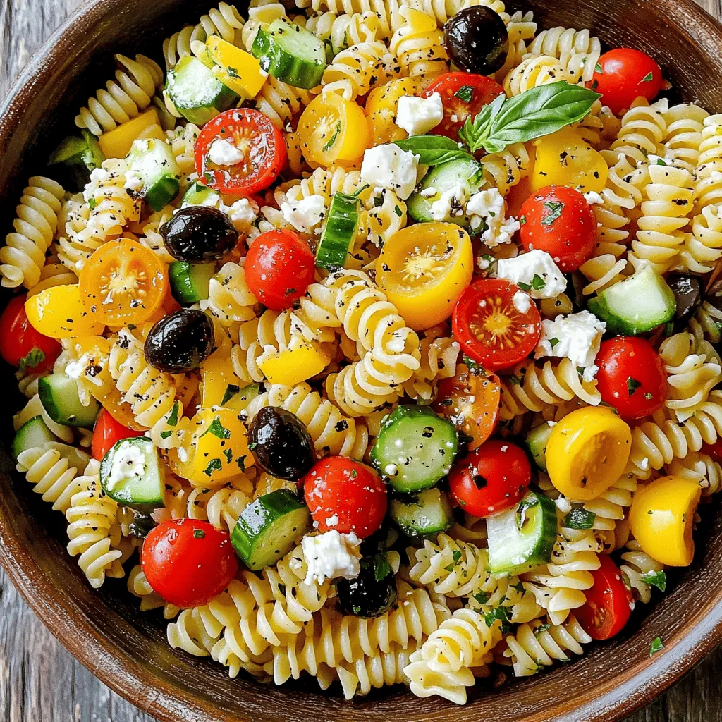 Für einen mediterranen Nudelsalat mit frischem Gemüse brauche ich einige gesunde Zutaten. Zuerst benötige ich 250 g Pasta, wie Fusilli oder Penne. Diese Pasta sorgt für den perfekten Biss.
