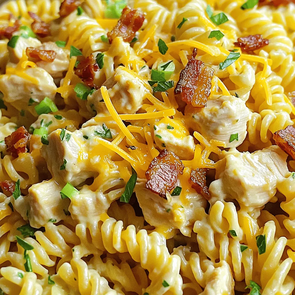 Für die Chicken Bacon Ranch Pasta braucht man nur einige einfache Zutaten. Die Basis sind 300g Pasta. Fusilli oder Penne sind beste Wahl. Diese Formen halten die Sauce gut fest.
