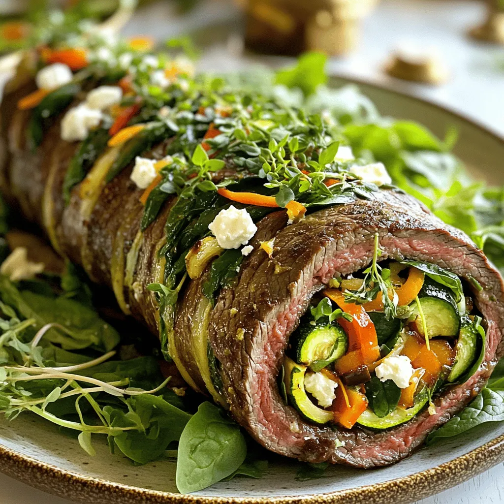 Um eine Flank Steak Roulade zuzubereiten, benötigen Sie einige frische Zutaten. Die Hauptzutat ist 1 kg Flanksteak, das dünn geklopft wird. Dann brauchen Sie 2 Tassen frischen Spinat, 1 große Karotte (gerieben), 1 rote Paprika (gewürfelt) und 1 Zucchini (gewürfelt). Fügen Sie 2 gehackte Knoblauchzehen und 100 g zerbröselten Feta-Käse hinzu. Gewürze wie 1 TL getrockneten Oregano, 1 TL Paprikapulver, Salz und Pfeffer runden das Gericht ab. Schließlich benötigen Sie 2 EL Olivenöl und Küchengarn oder Zahnstochern.