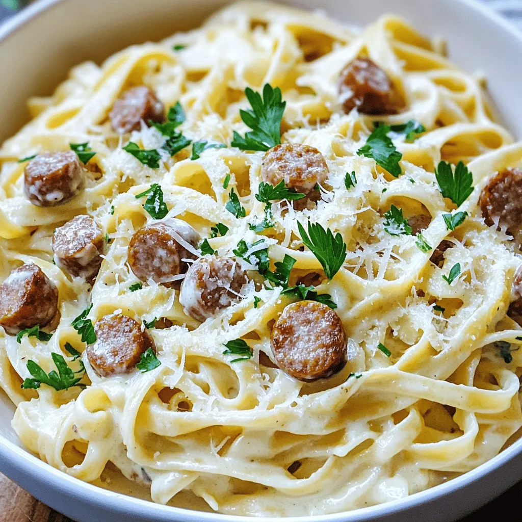 Für ein leckeres Sausage Alfredo Pasta Gericht benötigst du folgende Hauptzutaten: - 225 g Fettuccine-Nudeln - 1 Esslöffel Olivenöl - 450 g italienische Wurst (mild oder scharf, aus der Haut entfernt) - 4 Knoblauchzehen, fein gehackt - 240 ml Schlagsahne - 100 g geriebener Parmesan-Käse Diese Zutaten sind der Schlüssel zu einem reichen und cremigen Geschmack. Die Wurst bringt viel Aroma, und der Parmesan macht die Sauce schön samtig. Um die Aromen zu verstärken, füge diese Gewürze und Ergänzungen hinzu: - 1 Teelöffel italienische Gewürzmischung - Salz und Pfeffer nach Geschmack - Frische Petersilie, gehackt (zur Garnierung) - Zusätzlicher Parmesan-Käse (zum Servieren) Die italienische Gewürzmischung gibt deinem Gericht einen tollen Kick. Frische Petersilie sorgt zudem für eine schöne Farbe und Frische. Wähle frische Zutaten für den besten Geschmack. Achte darauf, dass die Wurst von guter Qualität ist. Das macht einen großen Unterschied. Für die Nudeln nimm die besten Fettuccine, die du finden kannst. Die Schlagsahne sollte vollfett sein. So wird die Sauce reichhaltiger. Frischer Parmesan ist ideal. Er schmilzt besser und schmeckt intensiver. Wenn du auf die Qualität achtest, wird dein Gericht einfach großartig.Kochen Sie zuerst die Fettuccine-Nudeln. Nehmen Sie einen großen Topf und füllen Sie ihn mit Wasser. Fügen Sie eine Prise Salz hinzu. Bringen Sie das Wasser zum Kochen. Geben Sie die Nudeln in das kochende Wasser. Kochen Sie sie nach den Anweisungen auf der Verpackung. Sie sollten al dente sein. Gießen Sie die Nudeln ab und stellen Sie sie beiseite. Bewahren Sie etwa 120 ml des Nudelwassers auf. Erhitzen Sie eine große Pfanne bei mittlerer Hitze. Geben Sie einen Esslöffel Olivenöl hinein. Fügen Sie die italienische Wurst hinzu. Zerkrümeln Sie die Wurst mit einem Holzlöffel. Braten Sie sie für etwa 5 bis 7 Minuten. Achten Sie darauf, dass sie schön braun ist und vollständig durchgegart ist. Jetzt kommt der Knoblauch. Geben Sie die fein gehackten Knoblauchzehen in die Pfanne. Braten Sie sie für 1 bis 2 Minuten. Der Knoblauch sollte aromatisch sein, aber nicht bräunen. Gießen Sie die Schlagsahne in die Pfanne. Rühren Sie gut um, damit sich alles vermischt. Lassen Sie die Mischung sanft zum Simmern kommen. Fügen Sie den geriebenen Parmesan-Käse hinzu. Rühren Sie, bis der Käse geschmolzen ist. Die Sauce sollte jetzt cremig sein. Geben Sie die italienische Gewürzmischung sowie Salz und Pfeffer nach Geschmack dazu. Jetzt ist es Zeit, die Nudeln hinzuzufügen. Geben Sie die gekochten Fettuccine in die Pfanne. Wälzen Sie die Nudeln gründlich in der Alfredo-Sauce. Falls die Sauce zu dick ist, fügen Sie nach und nach etwas vom Nudelwasser hinzu. Rühren Sie gut, bis alles gut vermischt ist. Servieren Sie die Pasta sofort. Garnieren Sie sie mit frischer, gehackter Petersilie. Fügen Sie nach Belieben zusätzlichen Parmesan-Käse hinzu. Genießen Sie Ihre köstliche Sausage Alfredo Pasta, die einfach und lecker ist.Um die perfekte Alfredo-Sauce zu machen, verwenden Sie frische Zutaten. Frische Sahne und Parmesan geben mehr Geschmack. Kochen Sie die Sauce bei mittlerer Hitze. So bleibt sie cremig und brennt nicht an. Rühren Sie oft, um alles gut zu vermischen. Wenn die Sauce zu dick wird, fügen Sie etwas Nudelwasser hinzu. So bekommen Sie die richtige Konsistenz. Ein häufiger Fehler ist, die Wurst nicht lange genug zu braten. Sie muss schön braun werden, damit sie gut schmeckt. Achten Sie darauf, den Knoblauch nicht zu verbrennen. Er sollte nur leicht goldbraun sein. Ein weiterer Fehler ist, die Sahne zu schnell zu kochen. Lassen Sie die Sauce langsam köcheln, damit sie cremig bleibt. Die ideale Sauce ist nicht zu dick und nicht zu dünn. Wenn sie zu dick ist, fügen Sie etwas Nudelwasser hinzu. Sie können auch mehr Sahne verwenden, wenn nötig. Wenn die Sauce zu dünn ist, lassen Sie sie länger köcheln. So verdampft die Flüssigkeit und die Sauce wird dicker. Ziel ist eine samtige Textur, die gut an den Nudeln haftet.{{image_4}} Wenn du es scharf magst, füge einen Hauch von Cayennepfeffer hinzu. Diese Würze bringt mehr Geschmack und Hitze. Du kannst auch scharfe italienische Wurst verwenden. Diese Optionen machen die Sausage Alfredo Pasta aufregender. Für eine vegetarische Version kannst du die Wurst durch gebratene Pilze ersetzen. Champignons oder Portobello-Pilze sind ideal. Sie geben der Sauce einen herzhaften Geschmack. Zudem kannst du auch Tofu verwenden, um die Textur zu ändern. Diese Auswahl macht die Pasta lecker und sättigend. Für glutenfreie Pasta wähle eine Sorte aus Reis oder Mais. Diese Alternativen schmecken gut und sind leicht zu finden. Bereite die Sauce wie im Rezept vor. Die glutenfreie Pasta passt wunderbar zu der cremigen Alfredo-Sauce. Achte darauf, dass alle Zutaten auch glutenfrei sind, um sicherzustellen, dass du eine gute Mahlzeit hast.Um übrig gebliebene Pasta zu lagern, lassen Sie die Nudeln zuerst abkühlen. Danach legen Sie sie in einen luftdichten Behälter. Sie können die Pasta bis zu drei Tage im Kühlschrank aufbewahren. Wenn Sie die Sauce getrennt aufbewahren, bleibt die Pasta frischer. Beim Aufwärmen der Pasta gibt es einige einfache Tipps. Verwenden Sie eine Pfanne bei mittlerer Hitze. Fügen Sie einen kleinen Schuss Wasser oder Sahne hinzu, um die Sauce cremig zu halten. Rühren Sie die Pasta regelmäßig, um ein Anbrennen zu verhindern. So bleibt der Geschmack frisch und lecker. Achten Sie darauf, die Pasta schnell zu kühlen, um Bakterien zu vermeiden. Essen Sie Reste innerhalb von drei Tagen. Wenn Sie die Pasta länger aufbewahren möchten, frieren Sie sie ein. Sie können sie bis zu drei Monate im Gefrierfach lagern. Achten Sie darauf, die Pasta gut zu verpacken, damit sie nicht austrocknet. Du kannst einen einfachen grünen Salat oder geröstetes Gemüse zur Pasta servieren. Beides passt gut zu der sahnigen Sauce. Auch frisches Brot ist eine gute Wahl. Es hilft, die leckere Sauce aufzutunken. Ja, du kannst die Wurst durch Hähnchen oder Tofu ersetzen. Diese Optionen sind lecker und gesund. Du kannst auch vegetarische Wurst wählen, wenn du das magst. Achte darauf, die Garzeit anzupassen. Ja, dieses Rezept ist kinderfreundlich. Die Pasta hat einen milden Geschmack und die Wurst ist leicht. Kinder lieben die cremige Sauce. Du kannst auch weniger Gewürze verwenden, wenn es nötig ist. Um die Sauce leichter zu machen, kannst du weniger Sahne verwenden. Ersetze einen Teil der Sahne durch Milch oder Brühe. Dadurch bleibt der Geschmack erhalten, aber die Sauce wird weniger schwer. Die Zubereitung der Pasta dauert etwa 25 Minuten. Die Nudeln kochen schnell, und die Sauce ist einfach zu machen. Dieses Rezept ist perfekt für ein schnelles Abendessen. Du findest das vollständige Rezept in der Anleitung. In diesem Artikel haben wir die besten Zutaten für Sausage Alfredo Pasta besprochen. Du hast gelernt, wie man Nudeln kocht, die Wurst anbrät und die Sauce zubereitet. Wir haben auch Tipps gegeben, um häufige Fehler zu vermeiden und Variationen zu erkunden. Denke daran, übrig gebliebene Pasta richtig zu lagern und aufzuwärmen. Mit dem richtigen Wissen bereitest du ein leckeres Gericht zu. Jetzt bist du bereit, loszulegen und deine Familie oder Freunde zu beeindrucken!