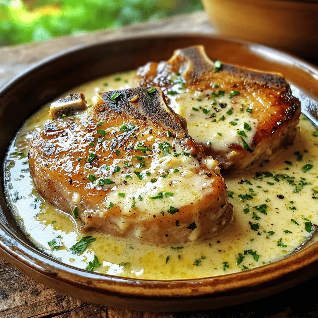 - 4 Schweinekoteletts, ca. 1,5 cm dick - 4 Knoblauchzehen, gehackt - 1 Tasse Hühnerbrühe - 1 Tasse Sahne - 1 Tasse frisch geriebener Parmesan