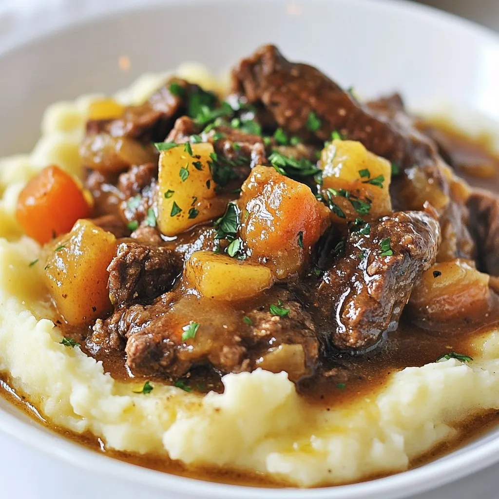 Apfelwein-Rindfleischeintopf über Kartoffelpüree