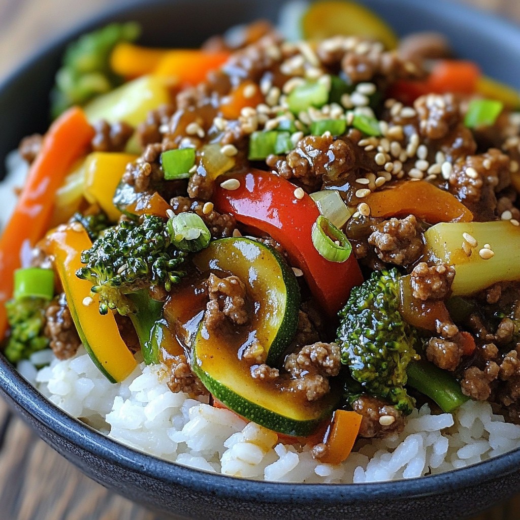 Spicy Ground Beef Veggie Stir-Fry Bowl schnell zubereiten