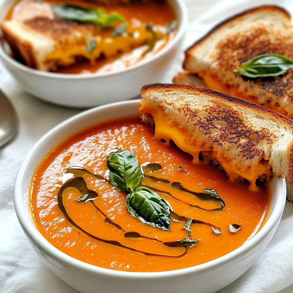 Einfache Tomatensuppe mit schmelzendem Käsebrot