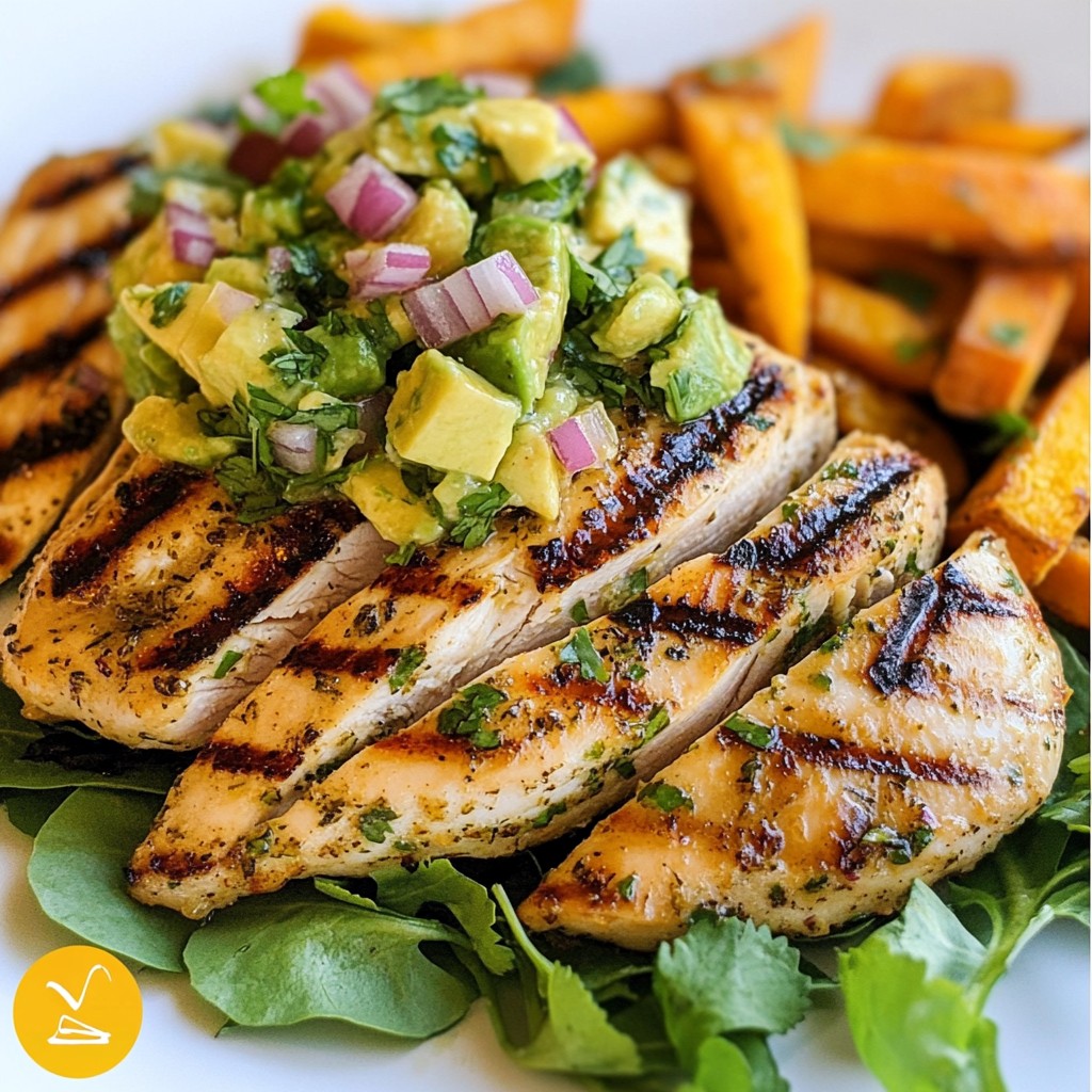 Grilliertes Kräuterhähnchen mit Süßkartoffel-Pommes